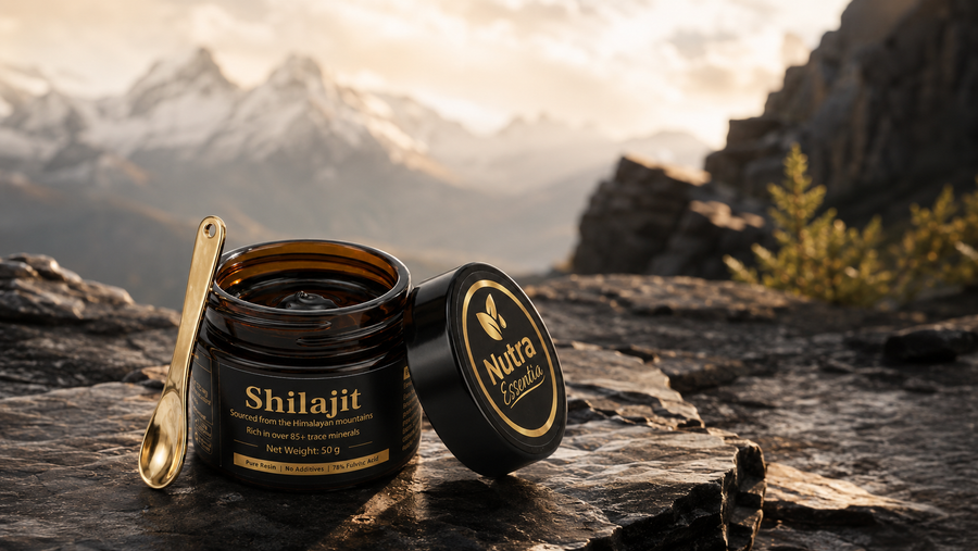 Nutra Essentia Shilajit Pure Resin against a Himalayan mountain setting